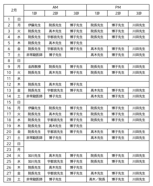 2月の診療時間表